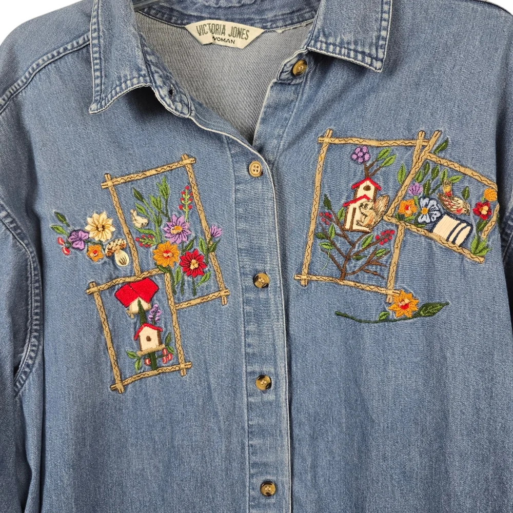 Victoria Jones Woman Denim Chambray Birdhouse Birds Grannycore Vtg Shirt XXL - Picture 14 of 14